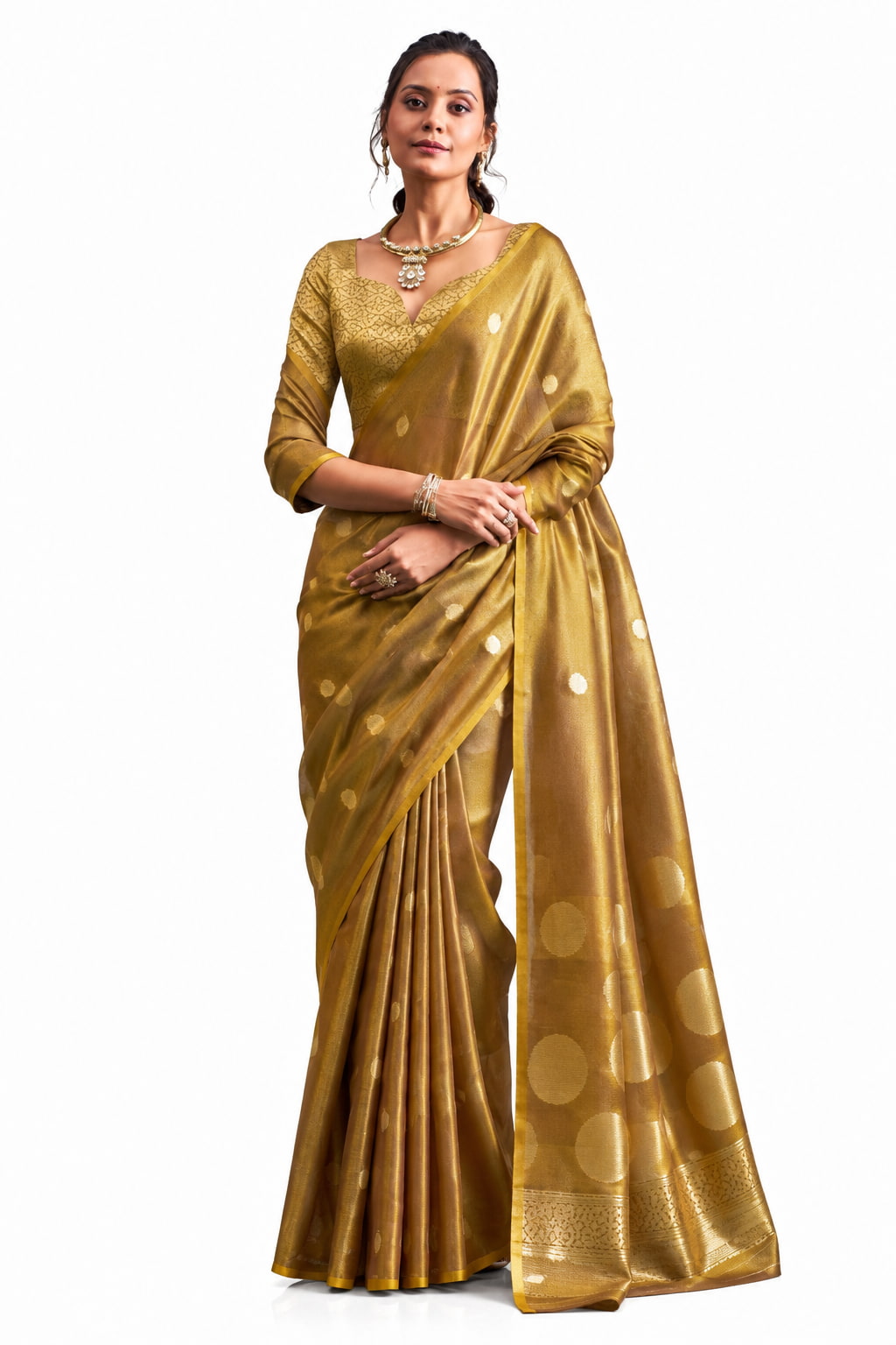 Antique Gold Tissue Silk Saree Blouse Detail - Naksh Creation