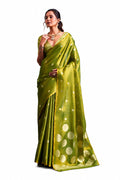 Olive Green Shimmer Tissue Silk Zari Border Work Saree