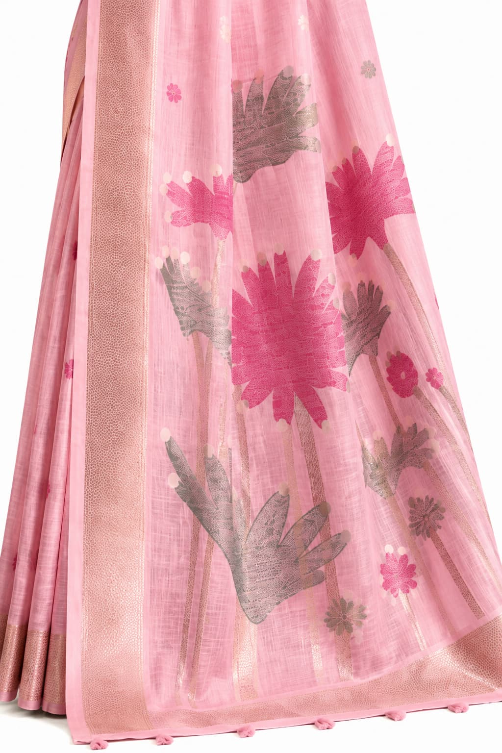 Naksh Creation Blush Pink Tissue Silk Saree Floral Pallu and Zari Detail