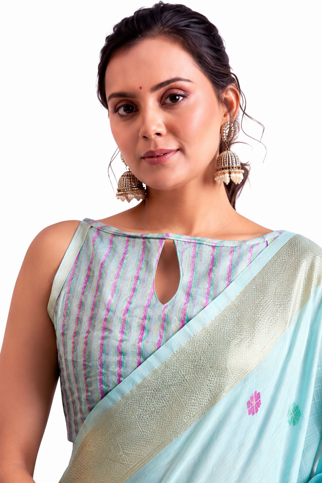 Naksh Creation Ice Blue Tissue Silk Floral Zari Saree Front View