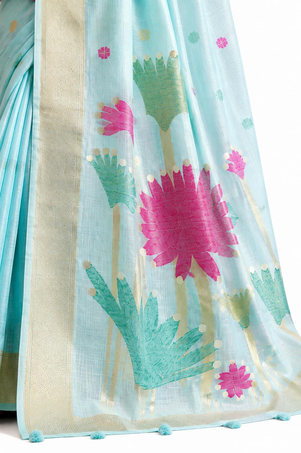 Naksh Creation Ice Blue Tissue Silk Saree Floral Pallu and Zari Detail