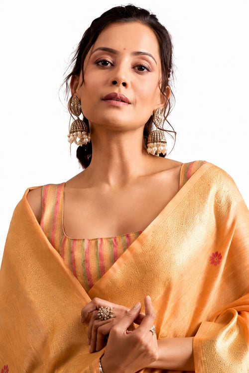 Naksh Creation Peach Orange Tissue Silk Floral Zari Saree Front View