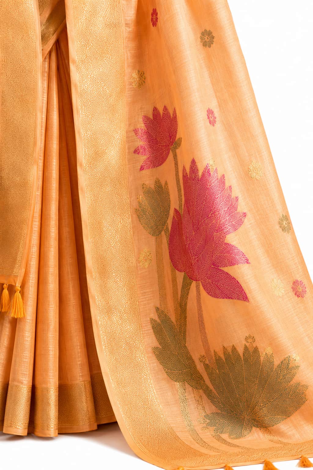 Naksh Creation Peach Orange Tissue Silk Saree Floral Pallu and Zari Detail