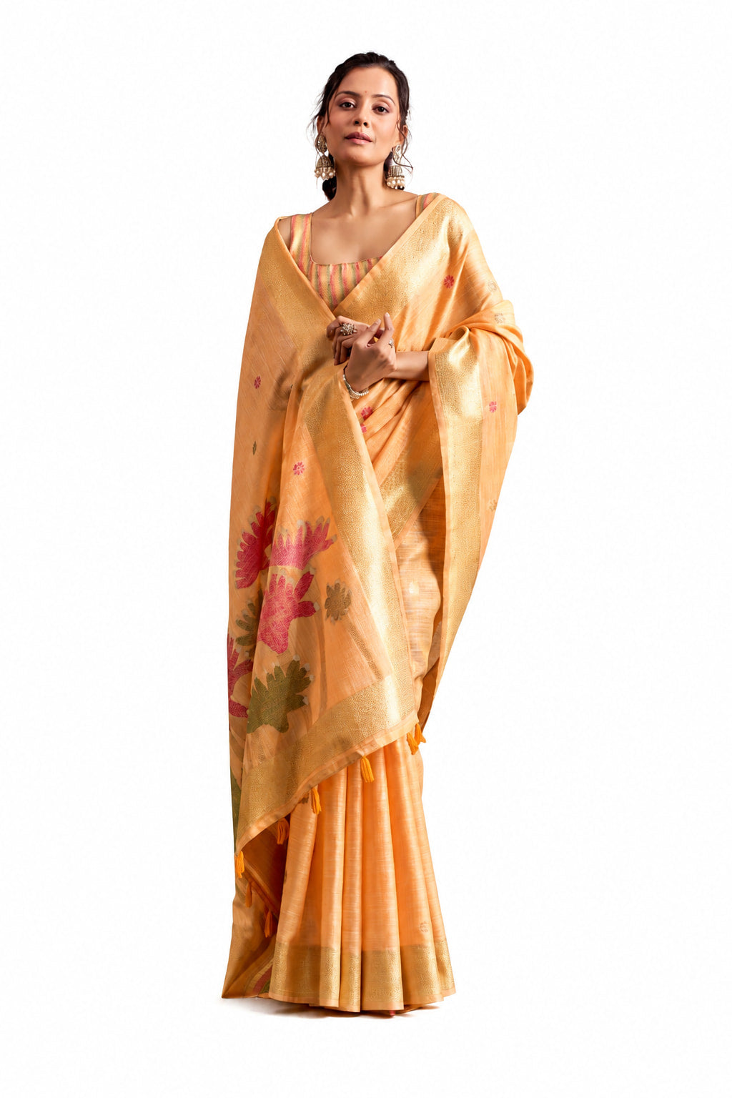 Naksh Creation Peach Orange Tissue Silk Saree Unstitched Blouse Detail