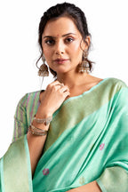 Naksh Creation Mint Green Tissue Silk Floral Zari Saree Front View