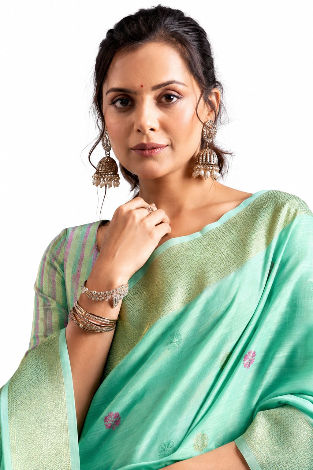 Naksh Creation Mint Green Tissue Silk Floral Zari Saree Front View