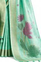 Naksh Creation Mint Green Tissue Silk Saree Floral Pallu and Zari Detail