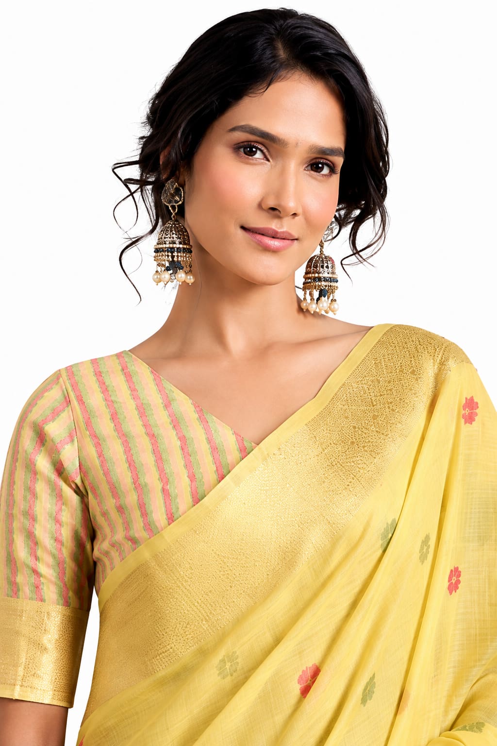 Naksh Creation Lemon Yellow Tissue Silk Floral Zari Saree Front View