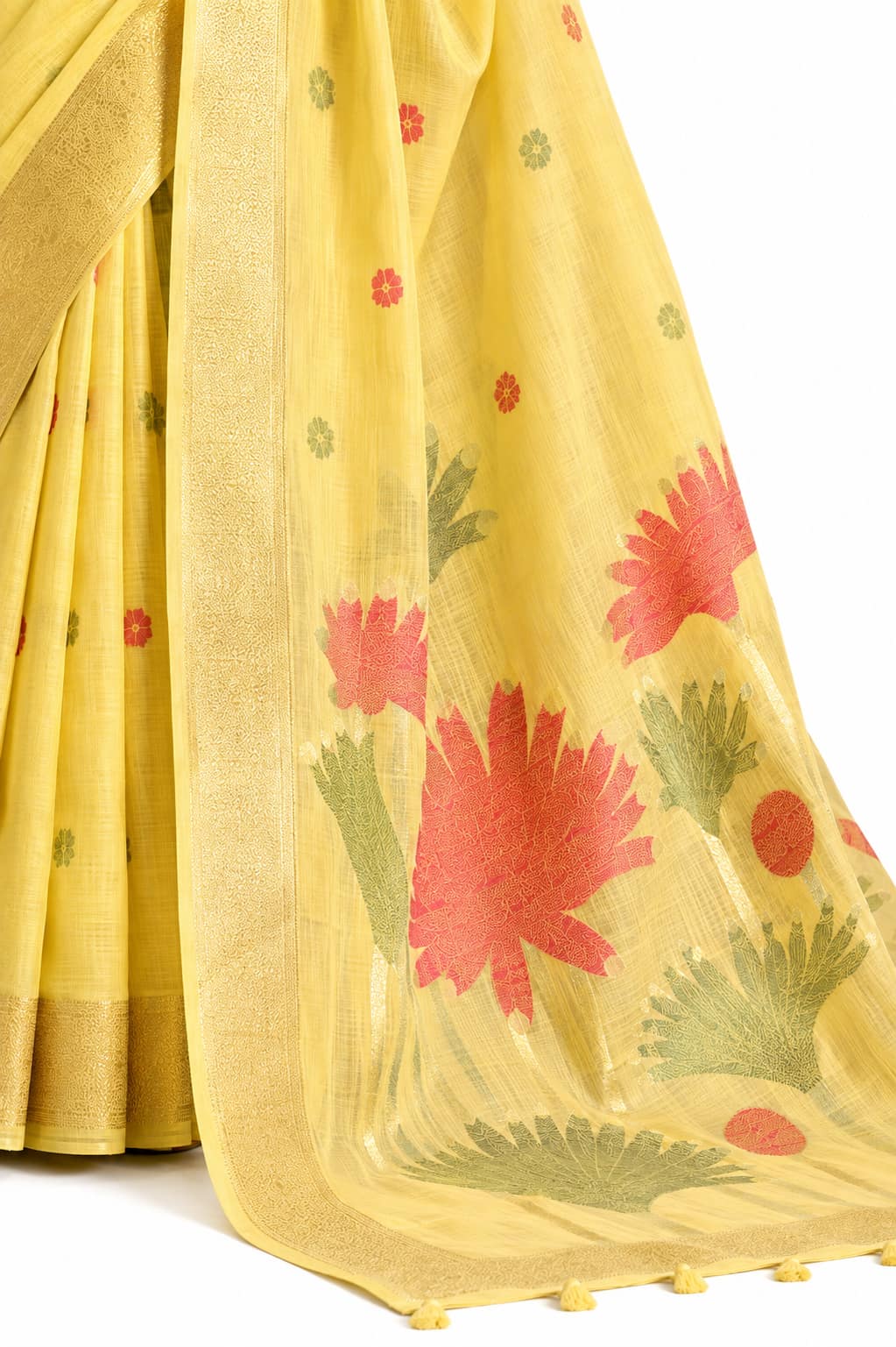 Naksh Creation Lemon Yellow Tissue Silk Saree Floral Pallu and Zari Detail