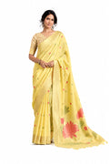 Lemon Yellow Linen Silk Zari Border Work Saree