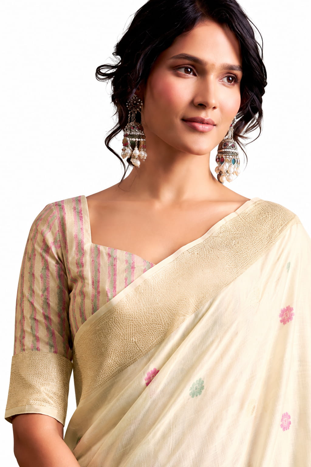 Naksh Creation Ivory Tissue Silk Floral Zari Saree Front View