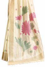 Naksh Creation Ivory Tissue Silk Saree Floral Pallu and Zari Detail