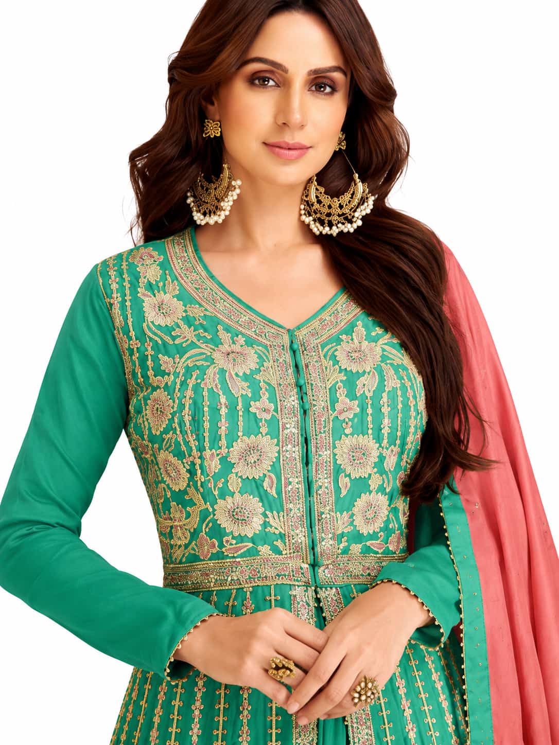 Peacock Green Chinon Embroidered Front Slit Kurti Detail