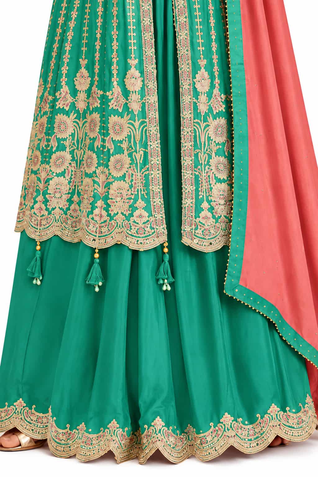 Peacock Green Chinon Embroidered Sharara Flair Detail