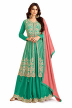 Peacock Green Chinon Embroidered Front Slit Sharara Suit Set