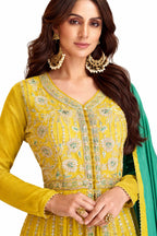 Mustard Yellow Chinon Embroidered Front Slit Kurti Detail