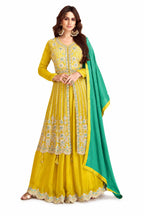 Mustard Yellow Chinon Embroidered Front Slit Sharara Suit Set