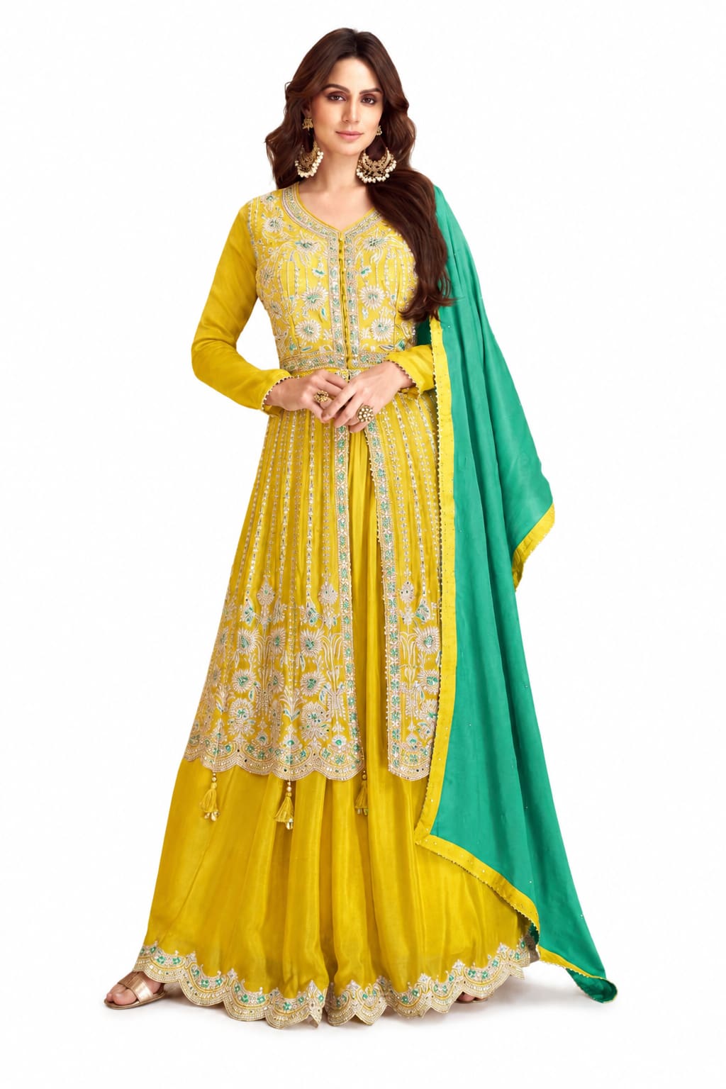Mustard Yellow Chinon Embroidered Front Slit Sharara Suit Set