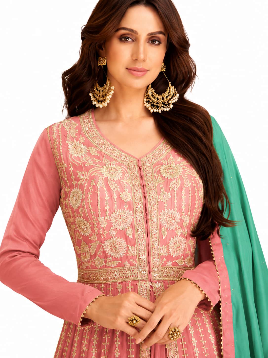 Peach Pink Chinon Embroidered Front Slit Kurti Detail