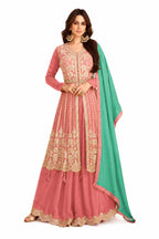Peach Pink Chinon Embroidered Front Slit Sharara Suit Set