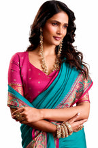 Turquoise Blue Soft Silk Zari Border Work Saree