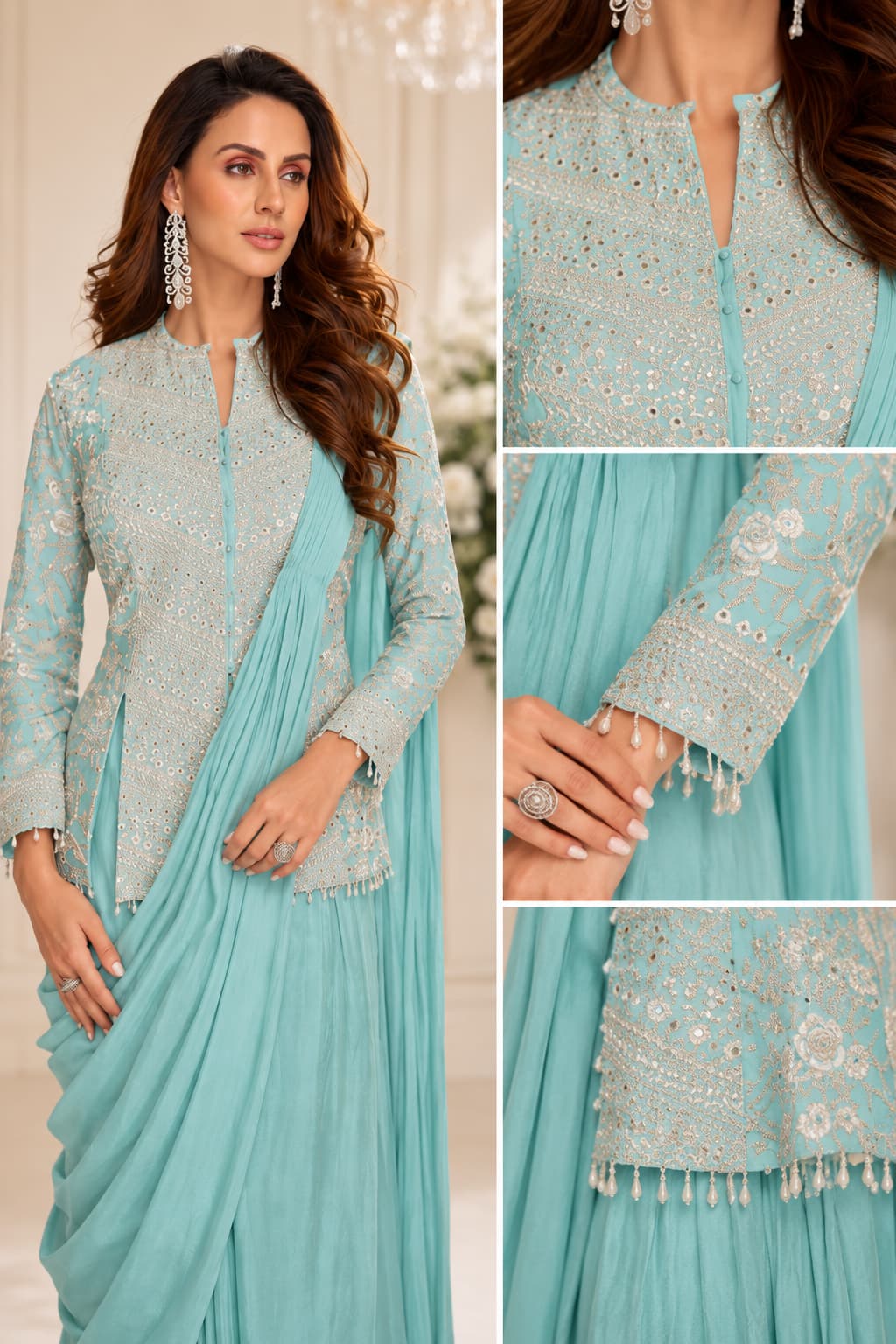 Aqua Blue Real Chinon Embroidered Indo Western Set - Detail View