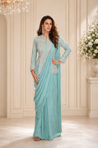 Aqua Blue Real Chinon Embroidered Indo Western Set with Tassels Lace - Front View