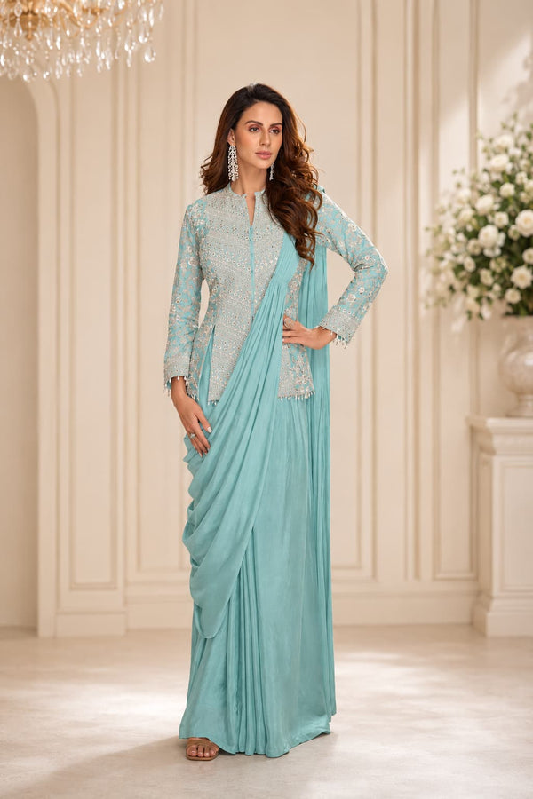 Aqua Blue Real Chinon Embroidered Indo Western Set with Tassels Lace - Front View