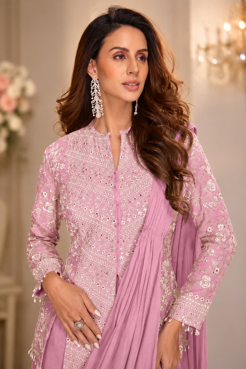 Blush Pink Real Chinon Embroidered Indo Western Set - Embroidery Work Close-up