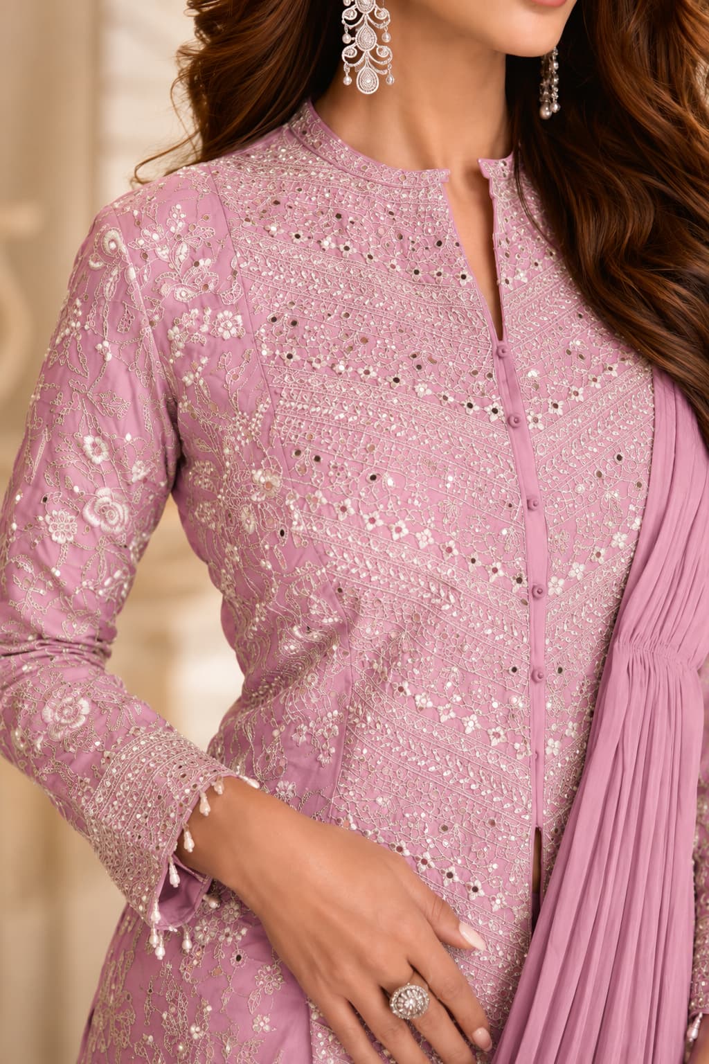 Blush Pink Real Chinon Embroidered Indo Western Set - Detail View