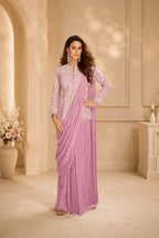 Blush Pink Real Chinon Embroidered Indo Western Set with Tassels Lace - Front View