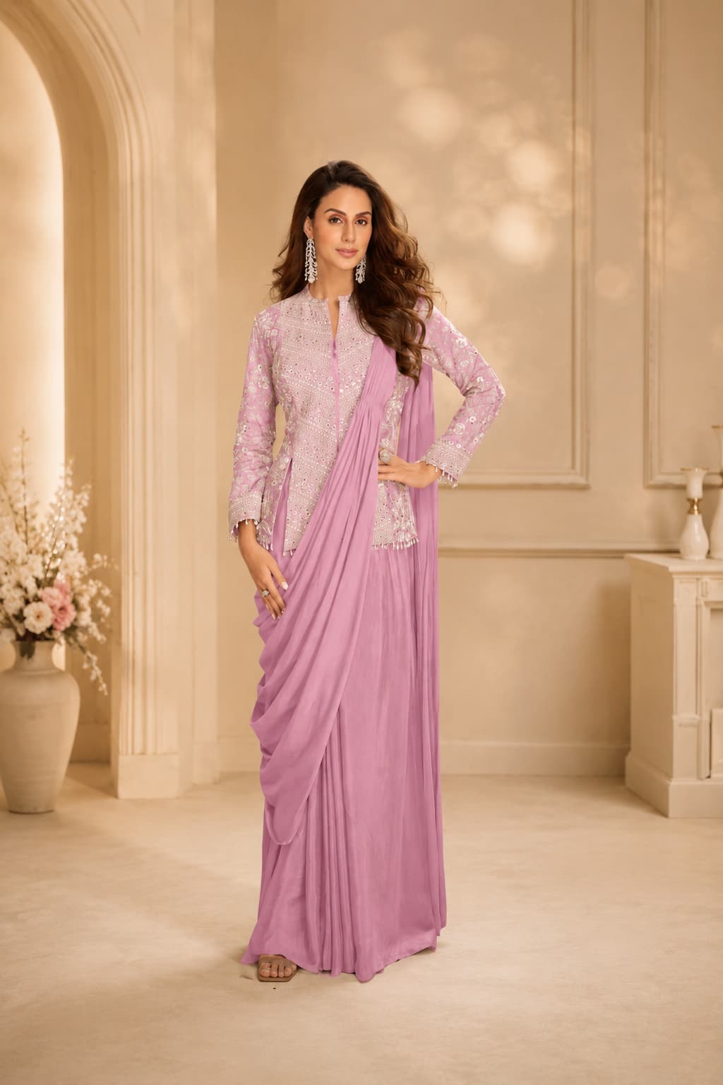 Blush Pink Real Chinon Embroidered Indo Western Set with Tassels Lace - Front View