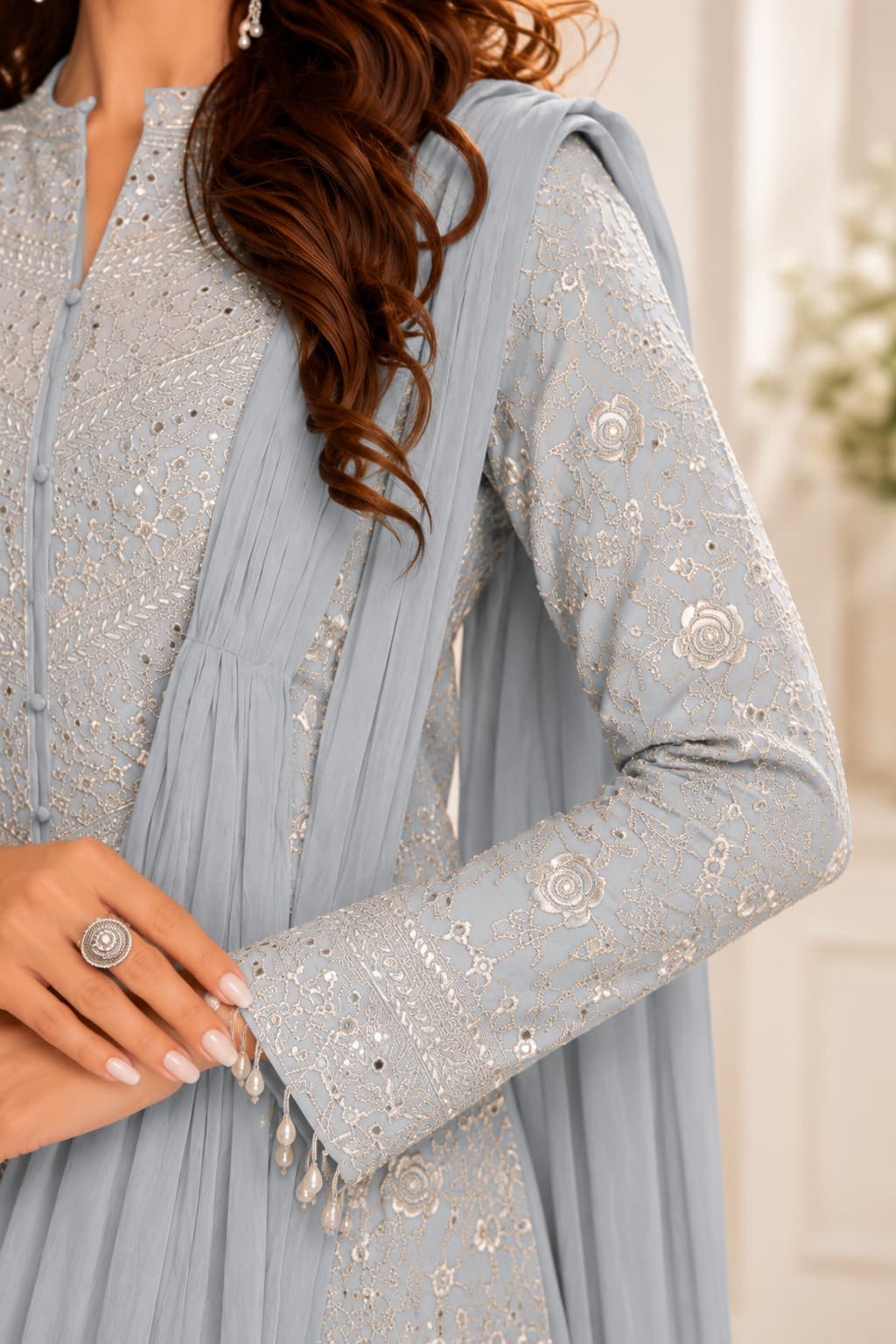 Ice Blue Real Chinon Embroidered Indo Western Set - Detail View