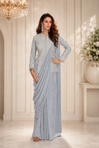 Ice Blue Real Chinon Embroidered Indo Western Set with Tassels Lace - Front View