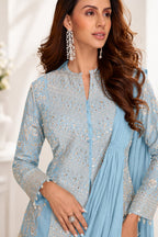 Sky Blue Real Chinon Embroidered Indo Western Set - Detail View