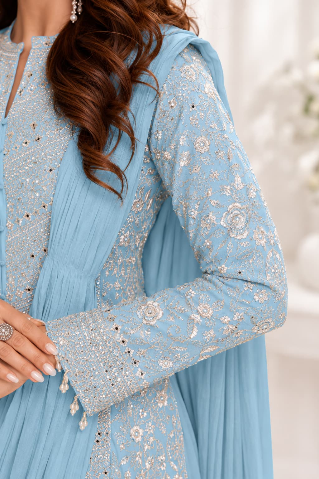 Sky Blue Real Chinon Embroidered Indo Western Set - Embroidery Work Close-up