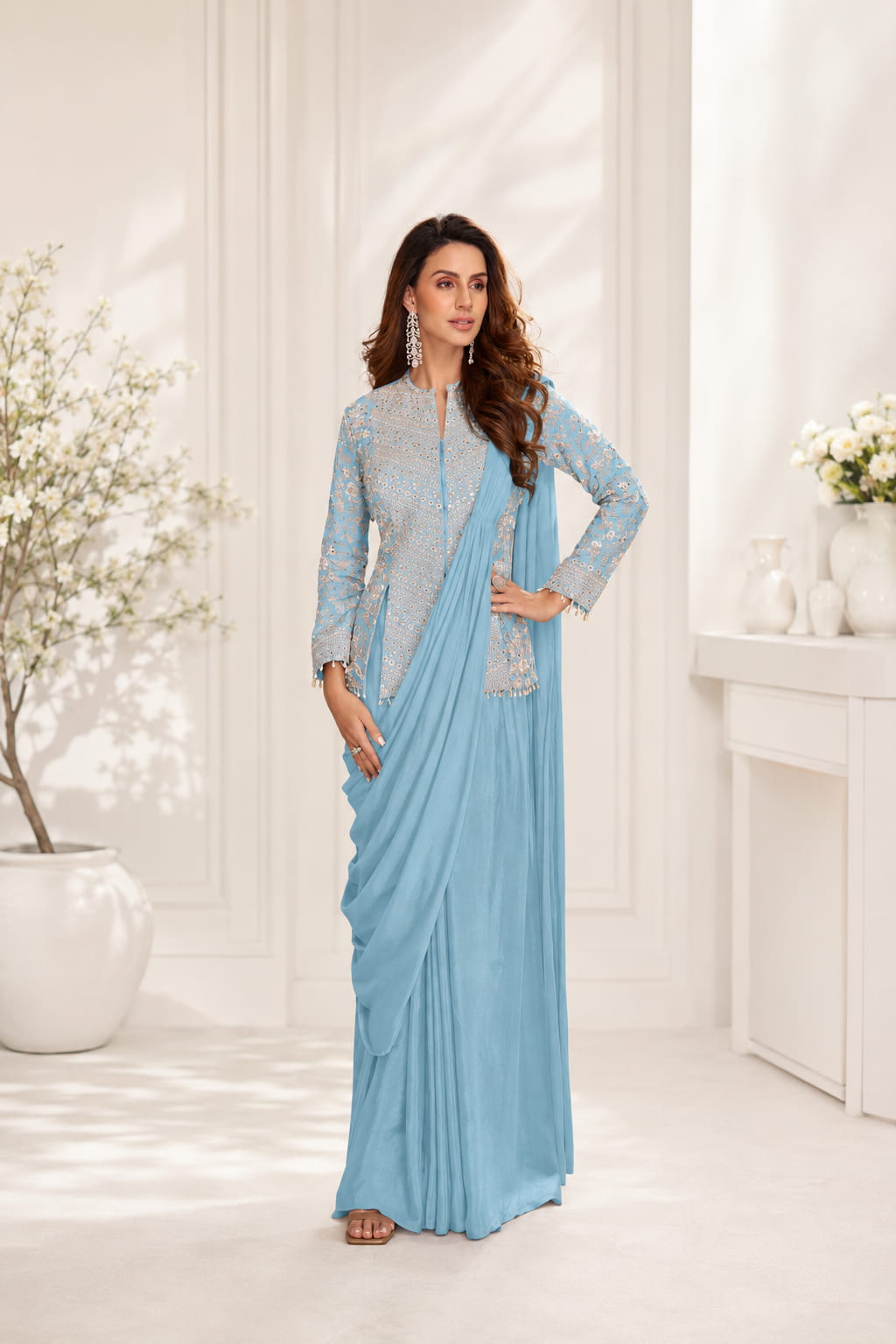 Sky Blue Real Chinon Embroidered Indo Western Set with Tassels Lace - Front View