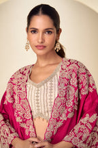 Magenta Pink Embroidered Real Chinon Indo Western Cape Suit Set - View 2