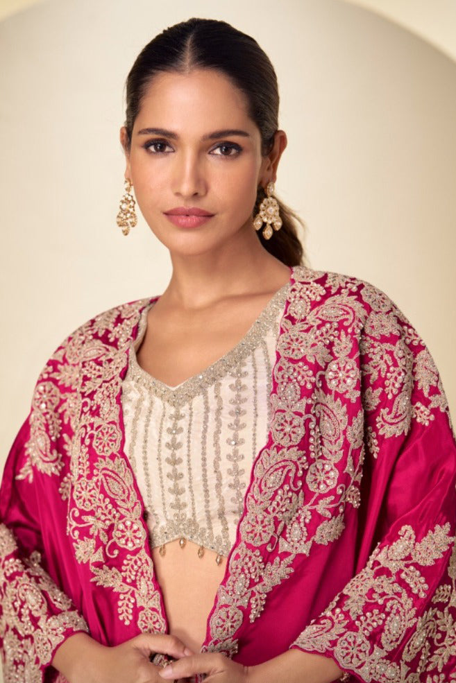 Magenta Pink Embroidered Real Chinon Indo Western Cape Suit Set - View 2