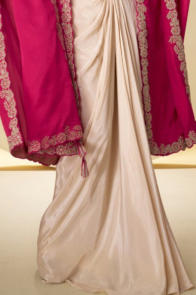Magenta Pink Embroidered Real Chinon Indo Western Cape Suit Set - View 3