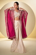 Magenta Pink Embroidered Real Chinon Indo Western Cape Suit Set