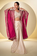 Magenta Pink Embroidered Real Chinon Indo Western Cape Suit Set - View 1