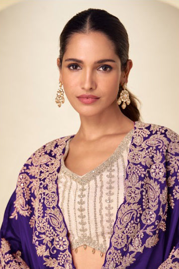 Royal Purple Embroidered Real Chinon Indo Western Cape Suit Set - View 2