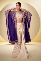 Royal Purple Embroidered Real Chinon Indo Western Cape Suit Set - View 1