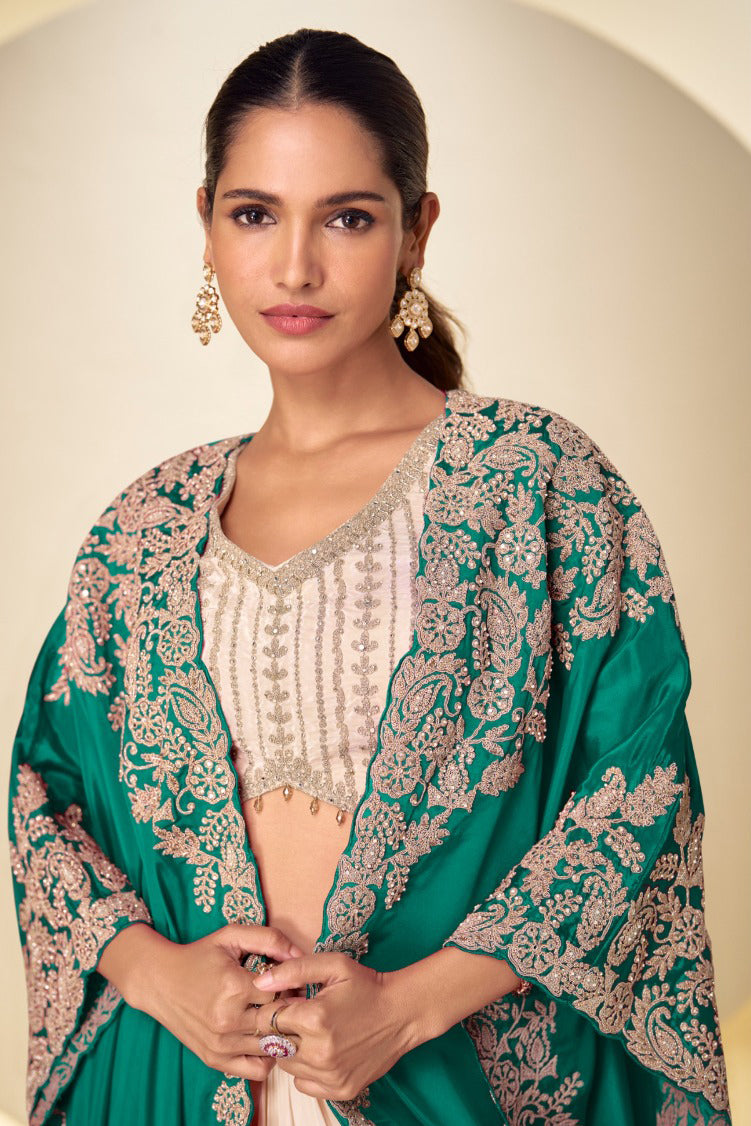 Emerald Green Embroidered Real Chinon Indo Western Cape Suit Set - View 2