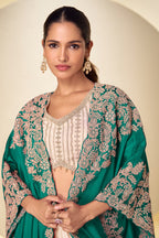 Emerald Green Embroidered Real Chinon Indo Western Cape Suit Set - View 2