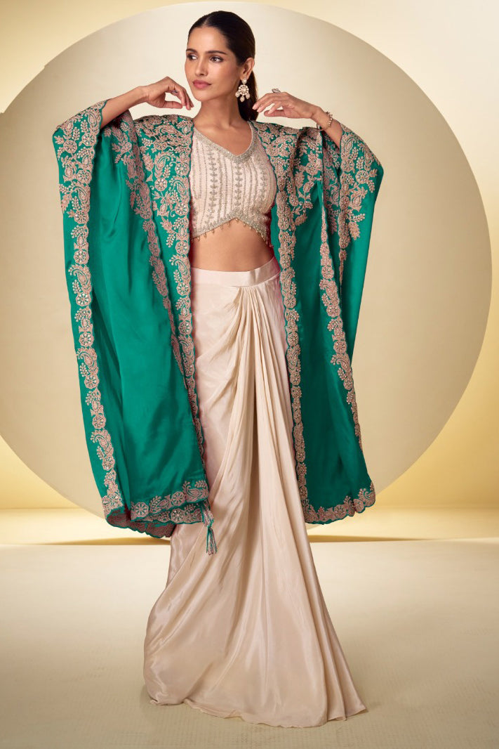 Emerald Green Embroidered Real Chinon Indo Western Cape Suit Set - View 1