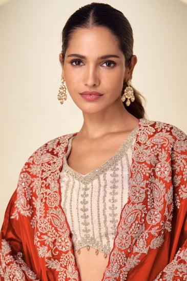 Rust Orange Embroidered Real Chinon Indo Western Cape Suit Set - View 2