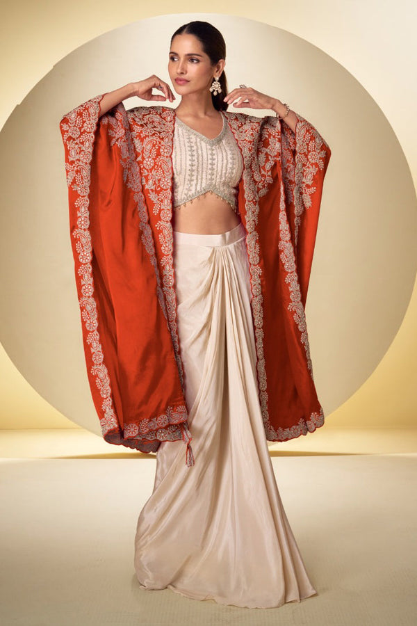 Rust Orange Embroidered Real Chinon Indo Western Cape Suit Set - View 1