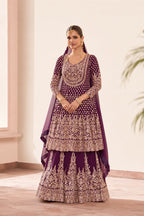 Wine Purple Georgette Lehenga Style Set Front View